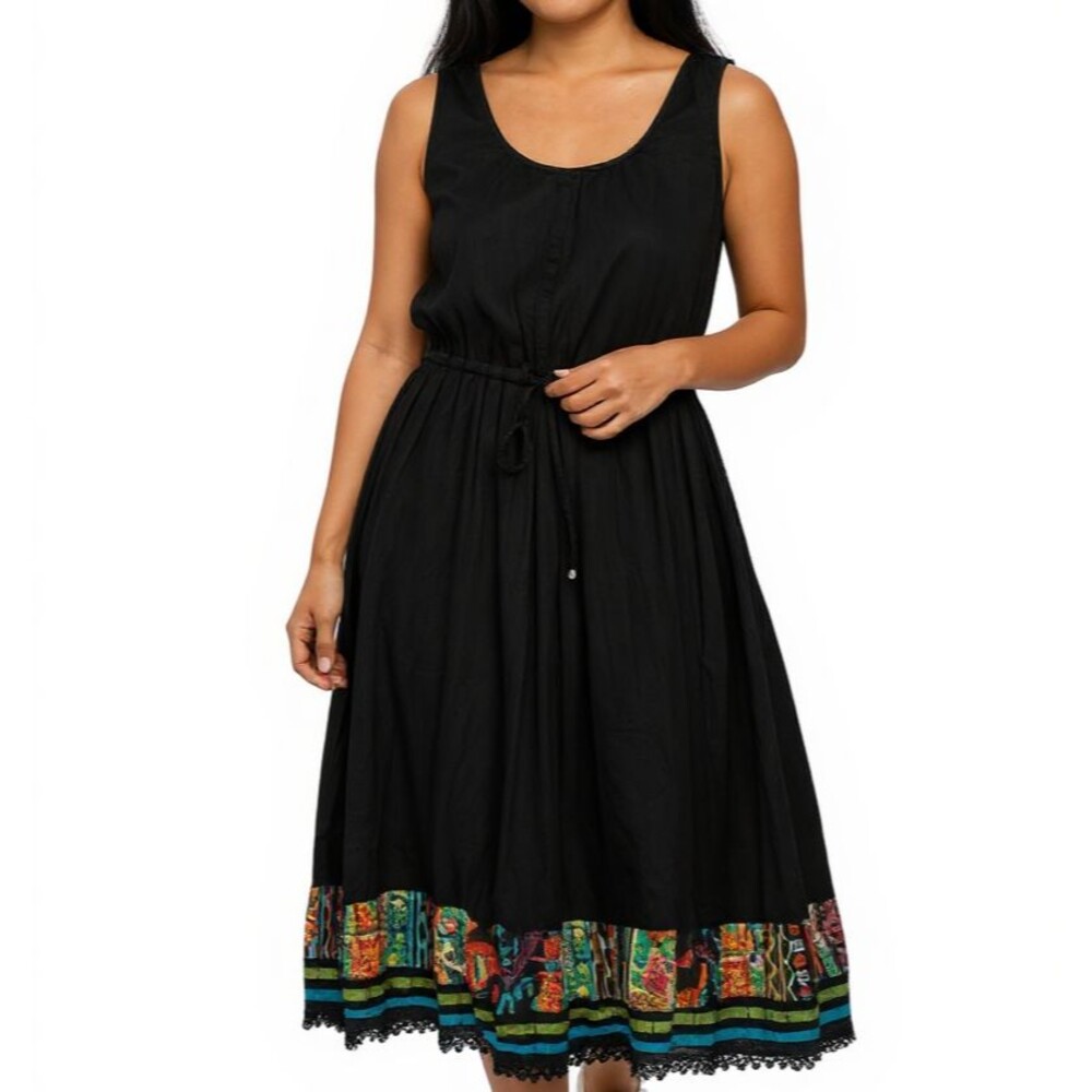 Travelsmith Vacation Midi Crinkle Dress L XL Black Cotton Sleeveless Tank Boho